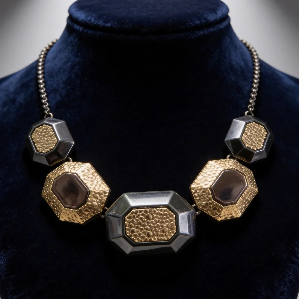 Black Octagon & Hammered Silver Necklace | Geometric Statement - Picture 1 of 8